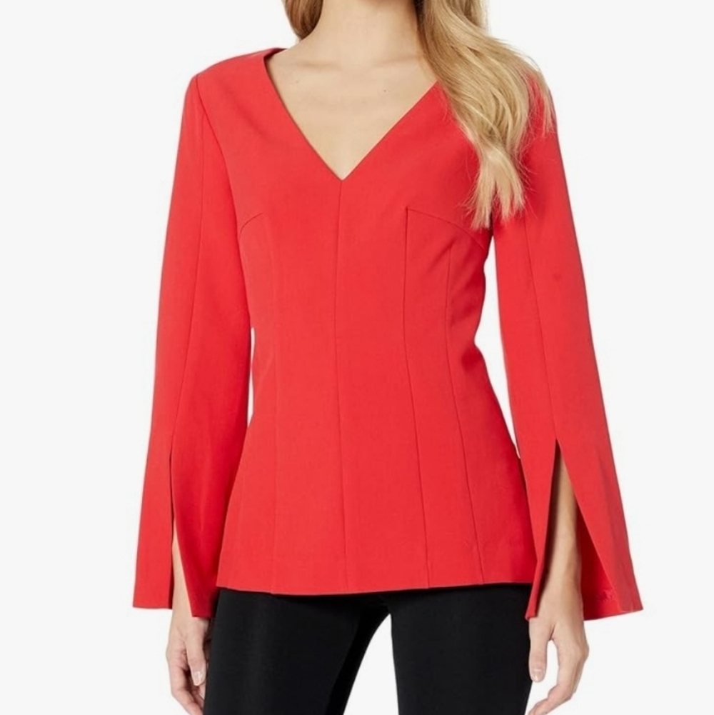 Trina Turk Red V-Neck Suiting Top, Zipper Back